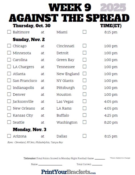 nfl point spread week 9